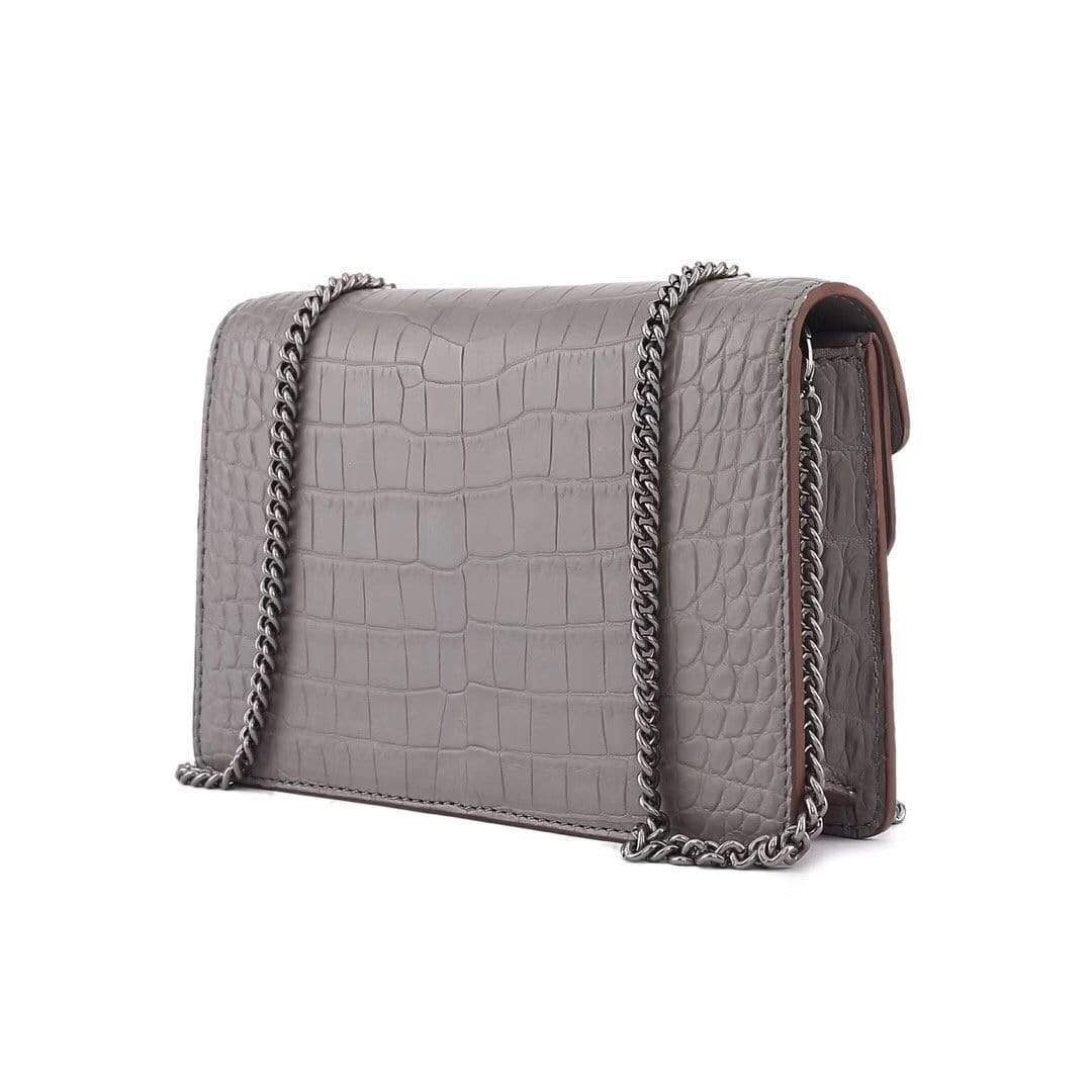 Genuine Crocodile Leather Flap Cross body Messenger Mini Chain Bag  Grey