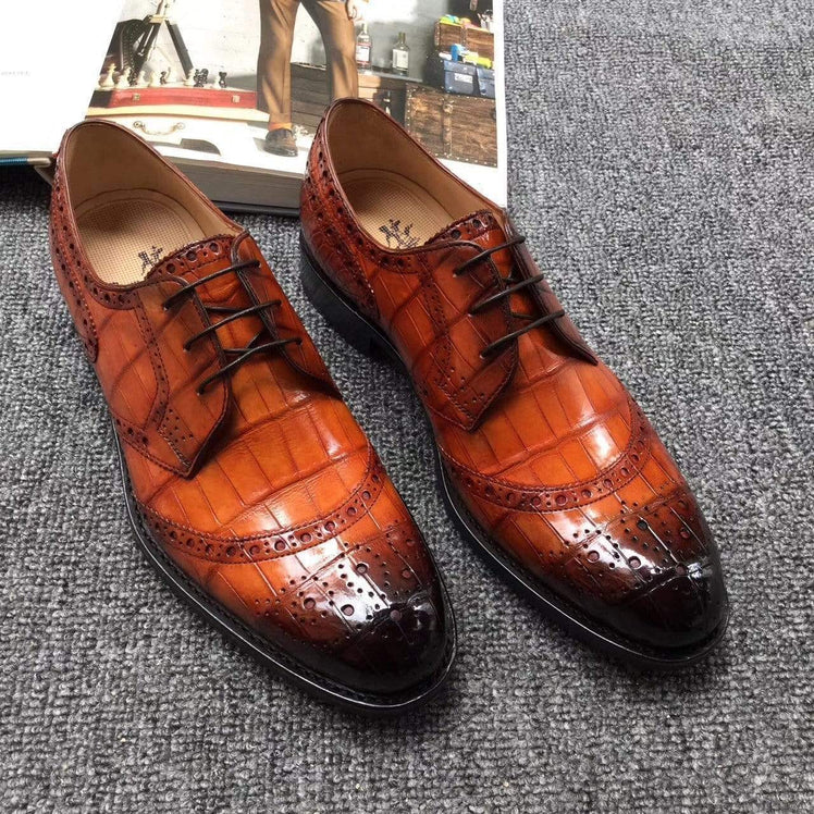 Crocodile Shoes Genuine Crocodile  Belly Leather  Shoes  Mens Cap Toe Crust Tuscania Wingtip