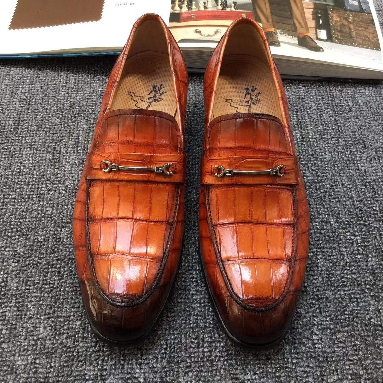 Crocodile Shoes Genuine Crocodile Belly Leather Shoes  Mens Lofers  Slip On Driving Shoes Casual Flats With Brogue Detail (Tuscania)