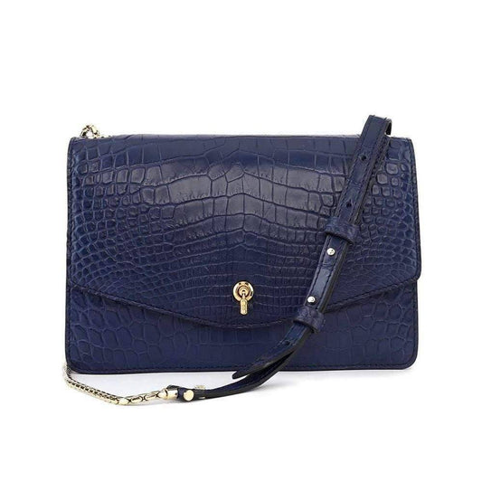 Genuine Crocodile Leather Cross Body Messenger Flap Shoulder Bag Blue