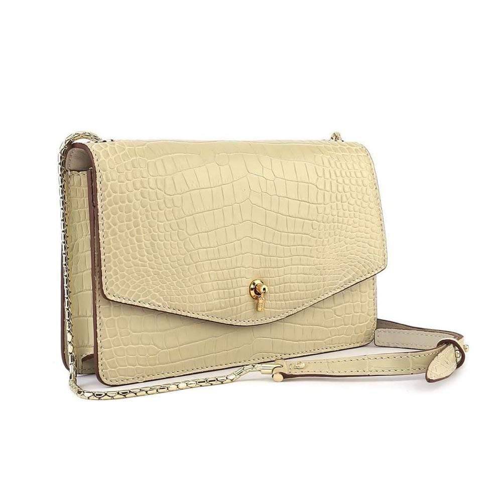 Genuine Crocodile Leather Cross Body Messenger Flap Shoulder Bag Cream