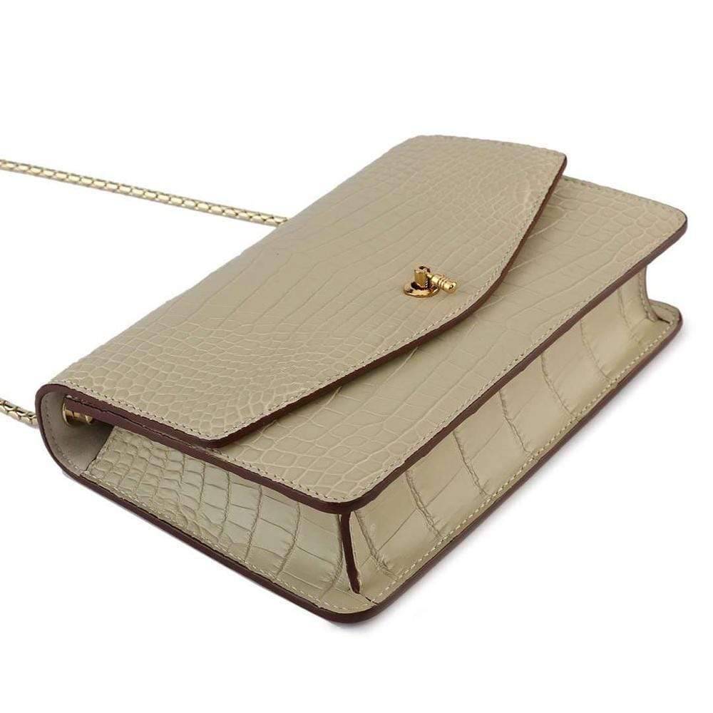 Genuine Crocodile Leather Cross Body Messenger Flap Shoulder Bag Cream