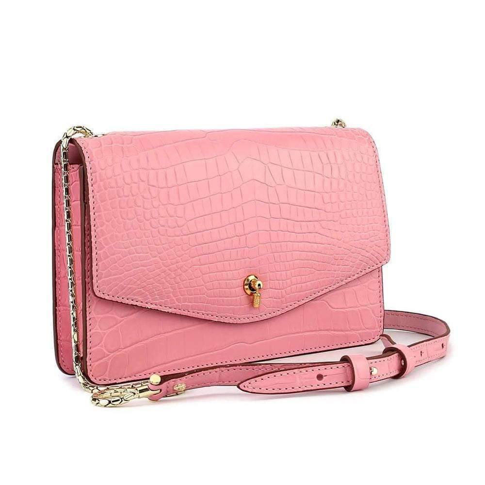 Genuine Crocodile Leather Cross Body Messenger Flap Shoulder Bag Pink