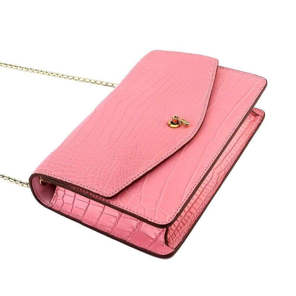 Genuine Crocodile Leather Cross Body Messenger Flap Shoulder Bag Pink