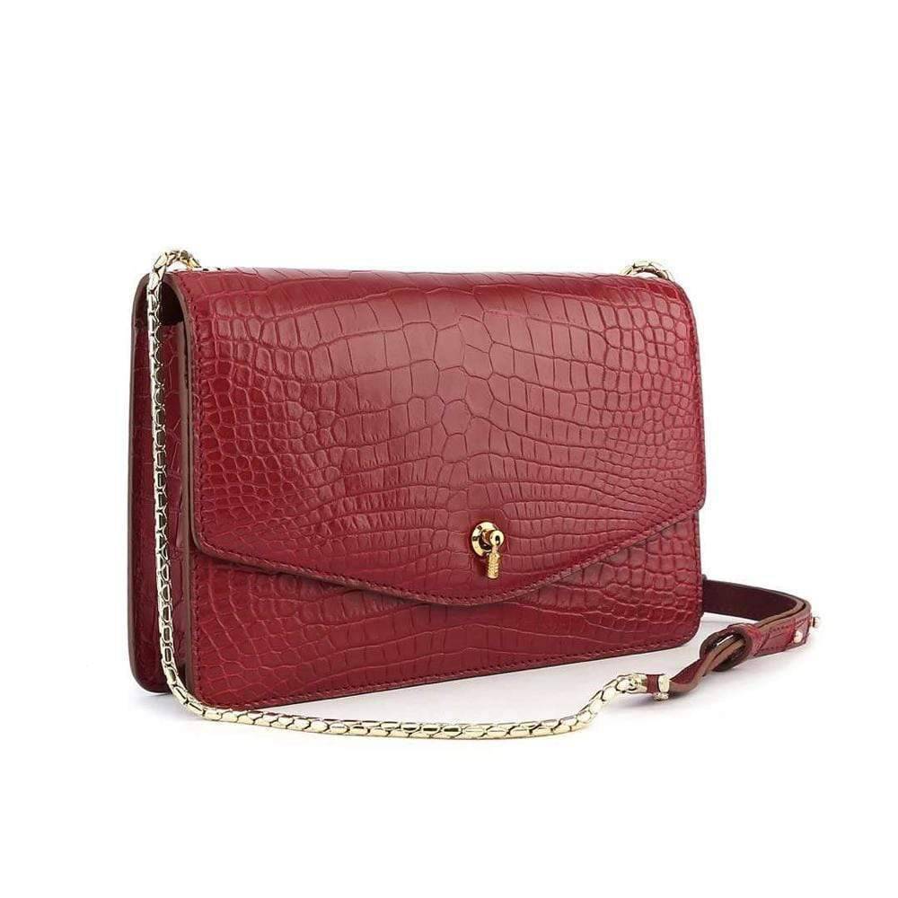 Genuine Crocodile Leather Cross Body Messenger Flap Shoulder Bag Red