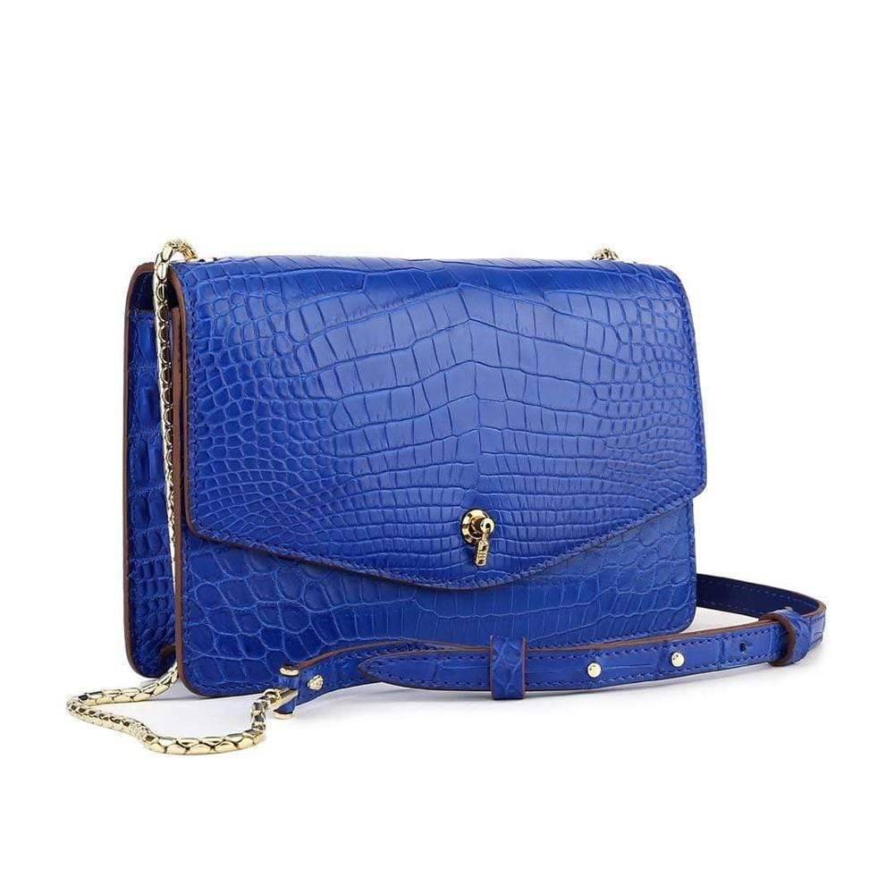 Genuine Crocodile Leather Cross Body Messenger Flap Shoulder Bag  Royal Blue