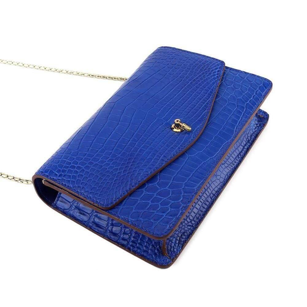 Genuine Crocodile Leather Cross Body Messenger Flap Shoulder Bag  Royal Blue