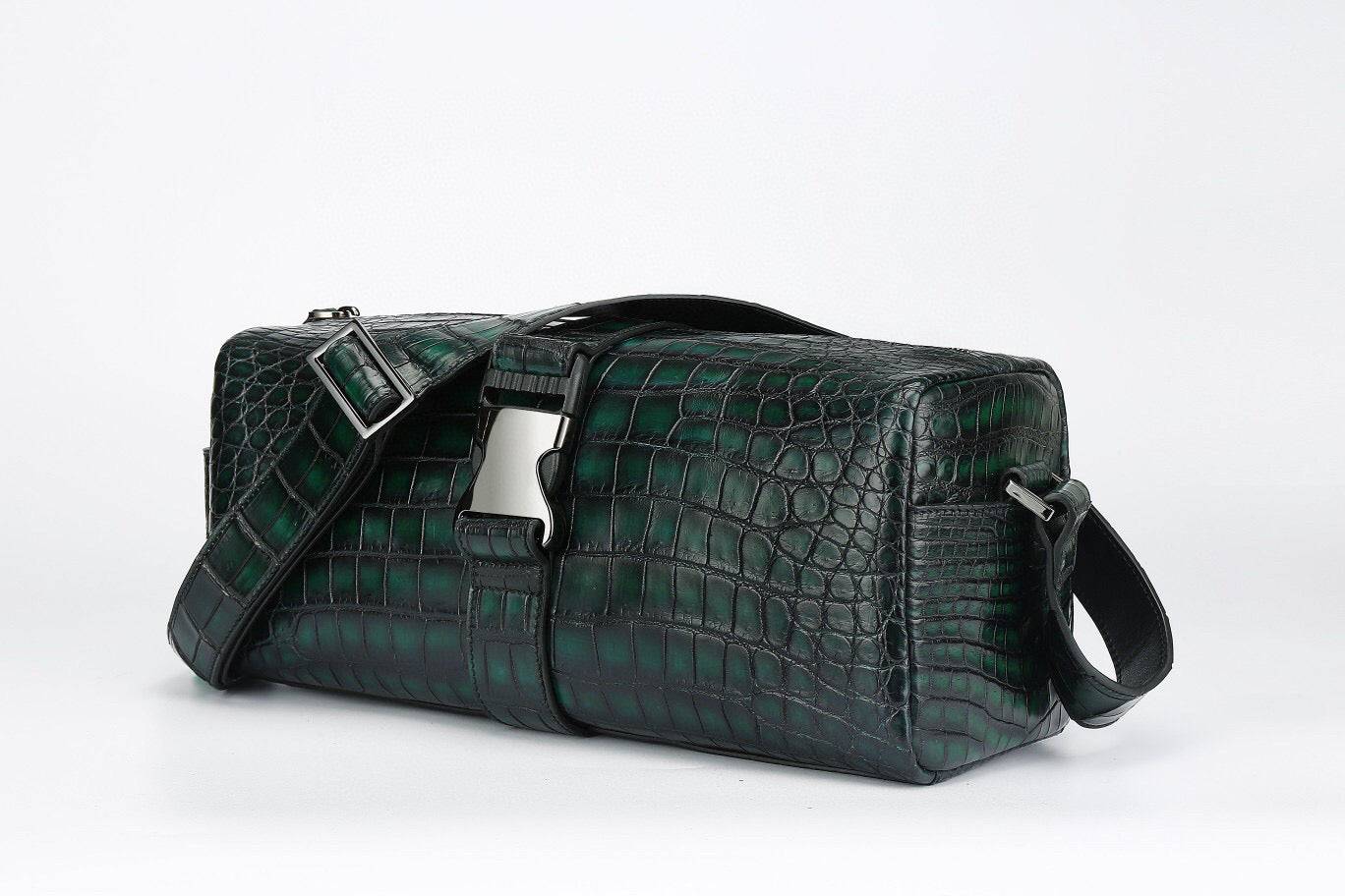 Genuine Crocodile Leather Drum Cross Body Shoulder Bags-Vintage Green