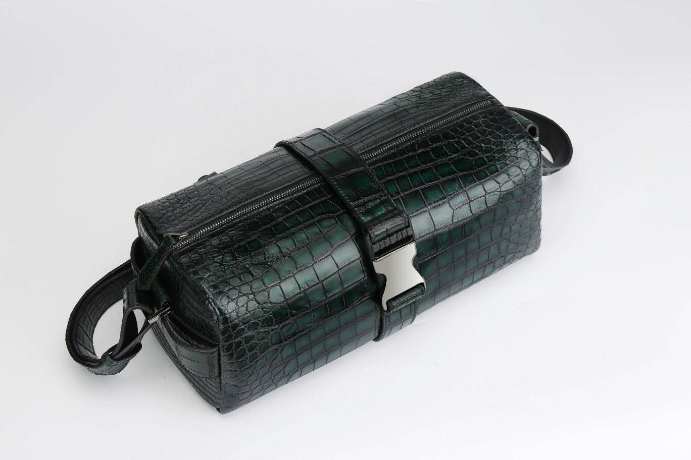 Genuine Crocodile Leather Drum Cross Body Shoulder Bags-Vintage Green