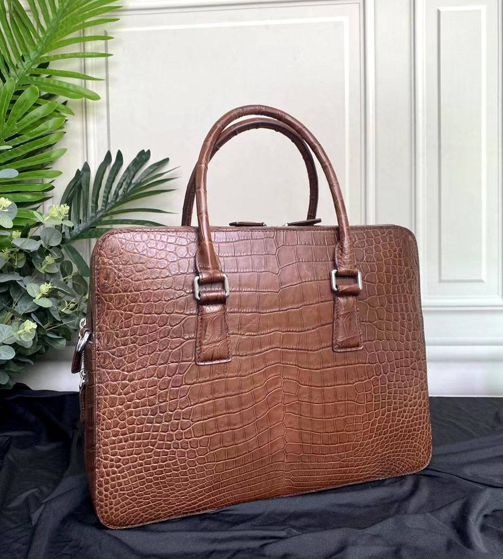 Genuine Crocodile Leather Laptop Briefcase Brown Large Volumn