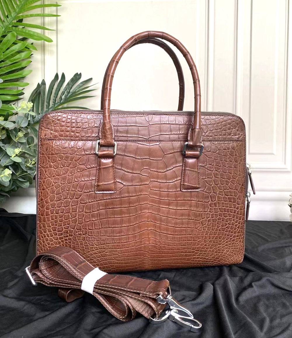 Genuine Crocodile Leather Laptop Briefcase Brown Large Volumn