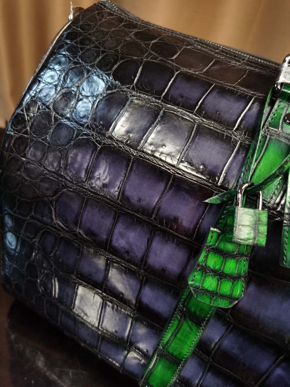 Genuine Crocodile Leather Large Duffel Bag Vintage Grey/ Green