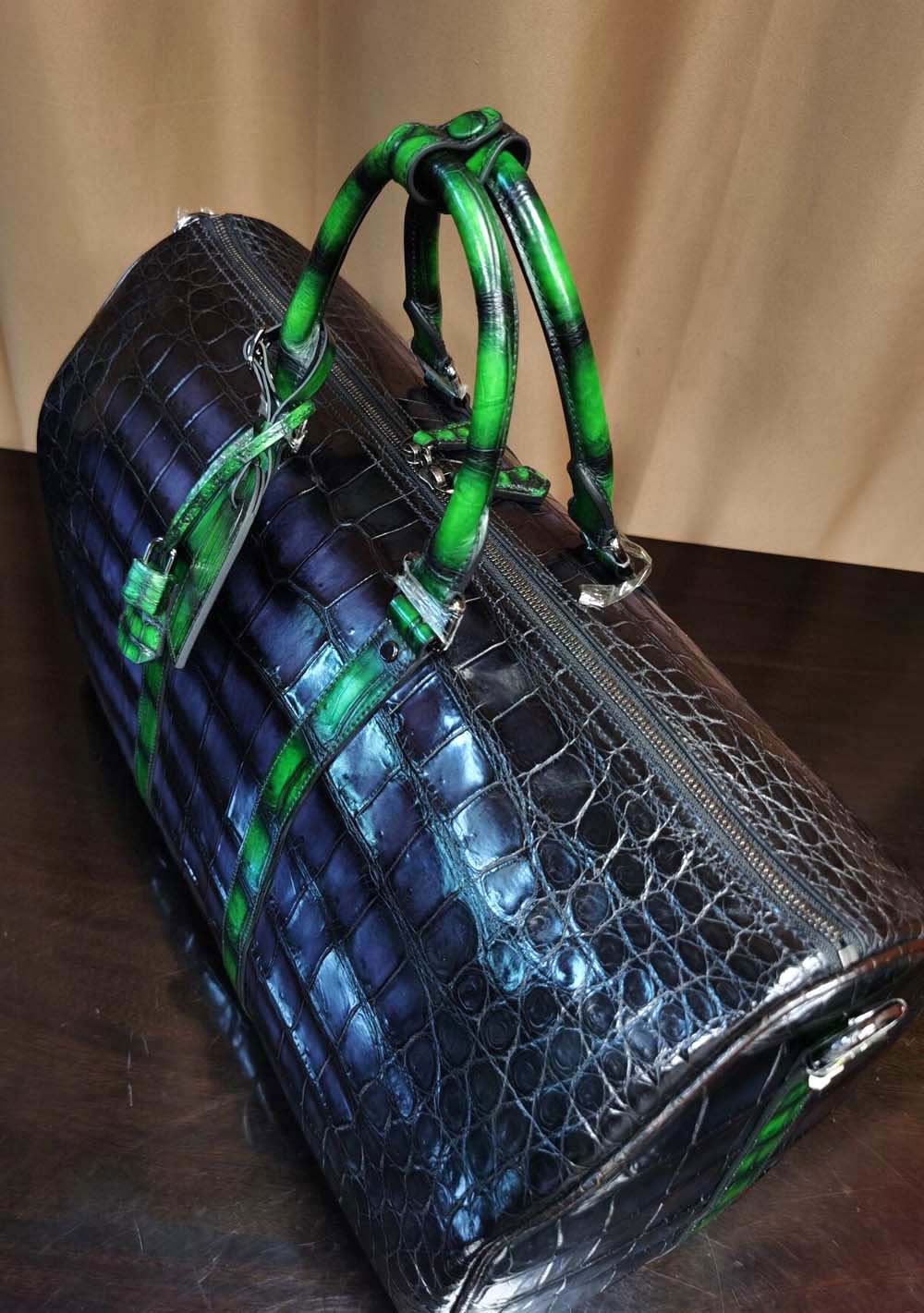 Genuine Crocodile Leather Large Duffel Bag Vintage Grey/ Green