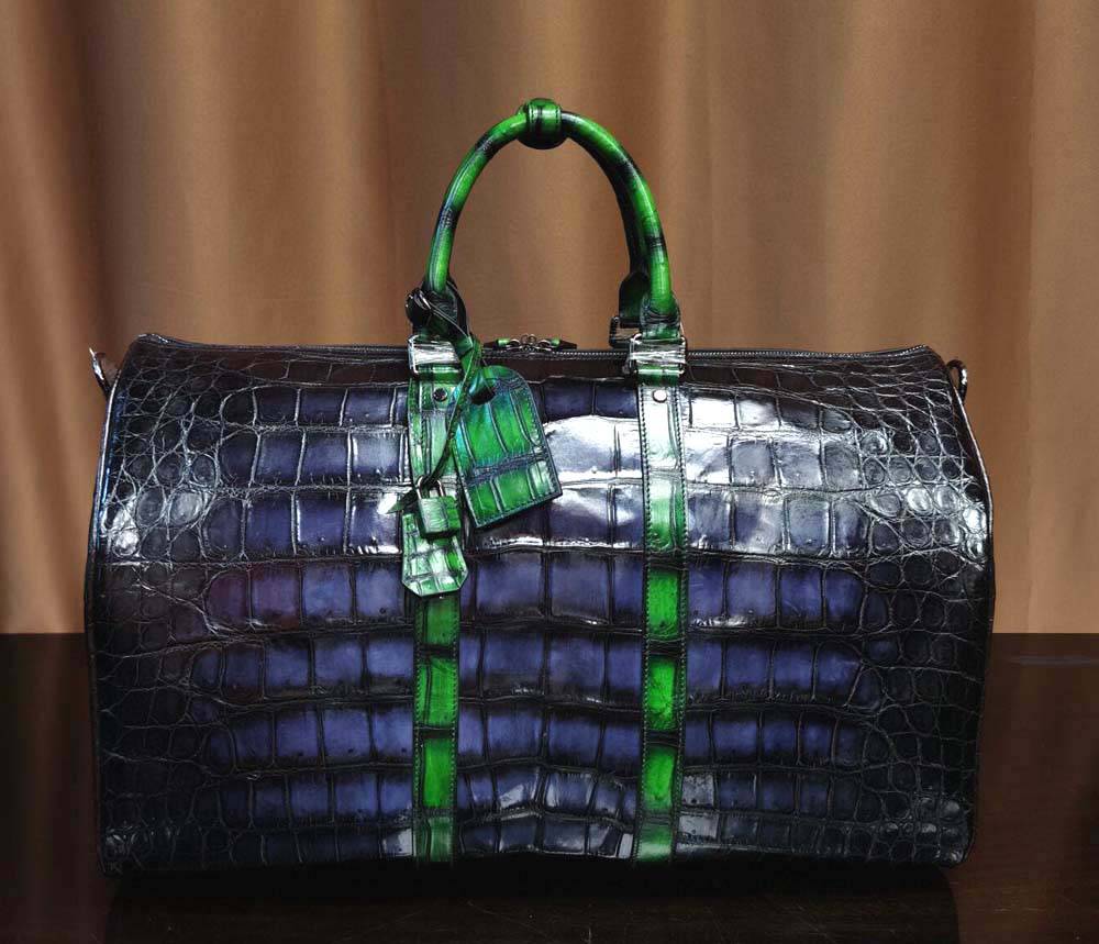 Genuine Crocodile Leather Large Duffel Bag Vintage Grey/ Green