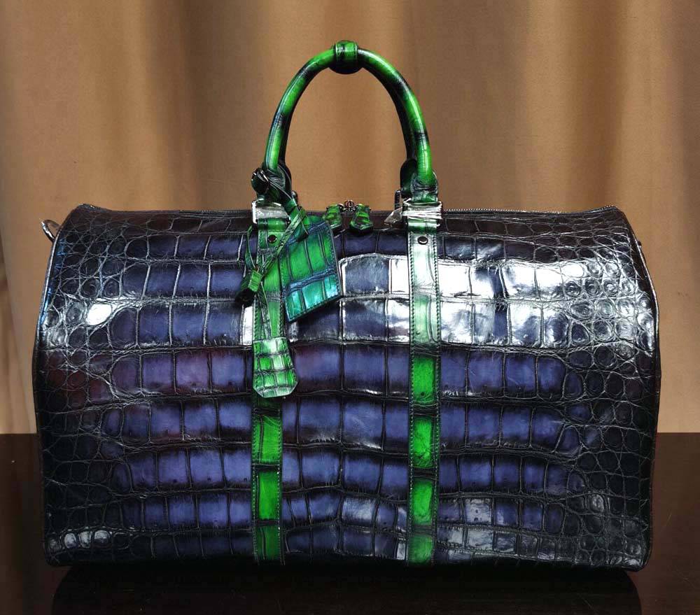 Genuine Crocodile Leather Large Duffel Bag Vintage Grey/ Green
