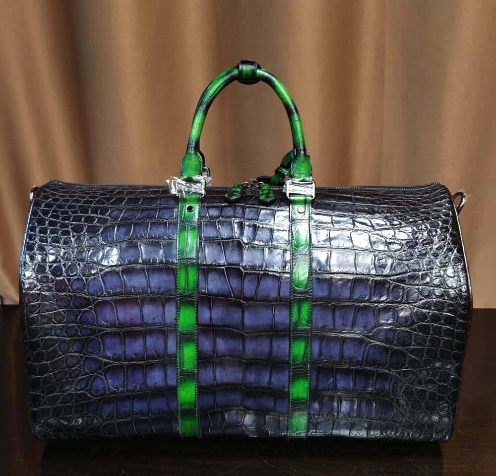 Genuine Crocodile Leather Large Duffel Bag Vintage Grey/ Green