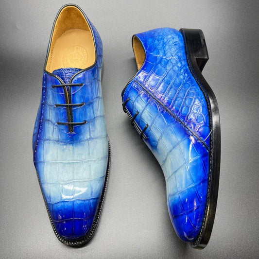 Crocodile Shoes Genuine Crocodile Leather Mens Penny Loafers Dress Shoes Hand Painted Two Tone  Blue