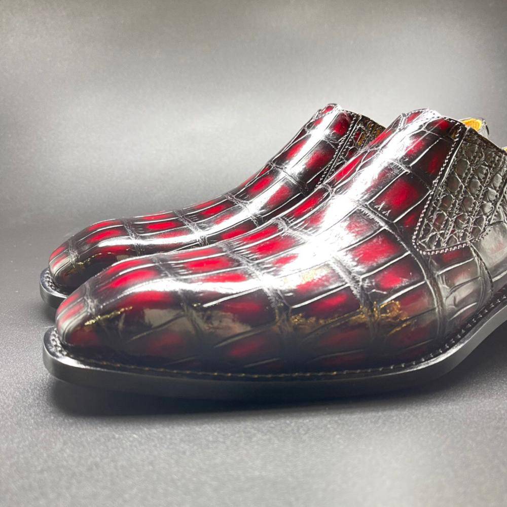 Crocodile Shoes Genuine Crocodile Leather Mens Penny Loafers Dress Shoes Hand Painted Vintage Wine Red