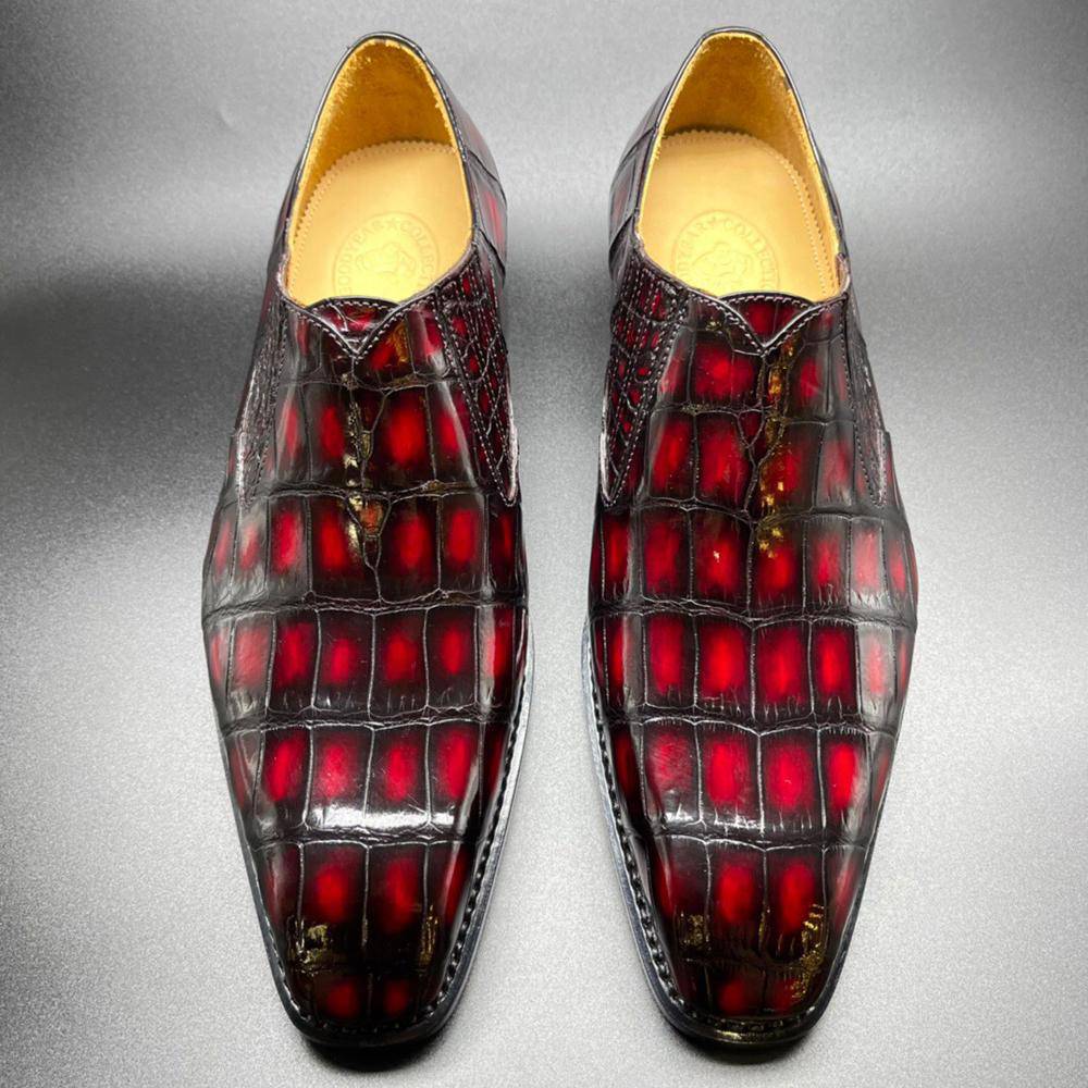 Crocodile Shoes Genuine Crocodile Leather Mens Penny Loafers Dress Shoes Hand Painted Vintage Wine Red