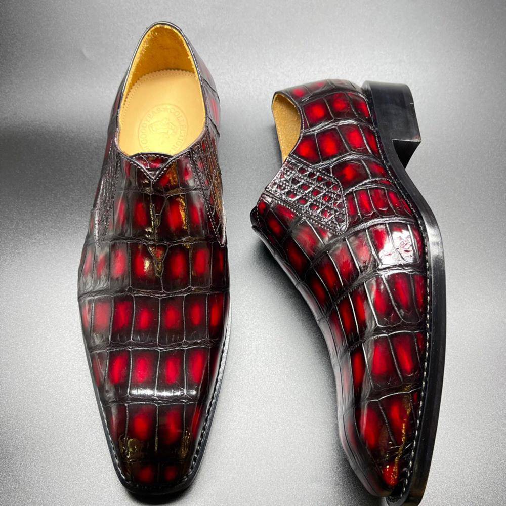 Crocodile Shoes Genuine Crocodile Leather Mens Penny Loafers Dress Shoes Hand Painted Vintage Wine Red