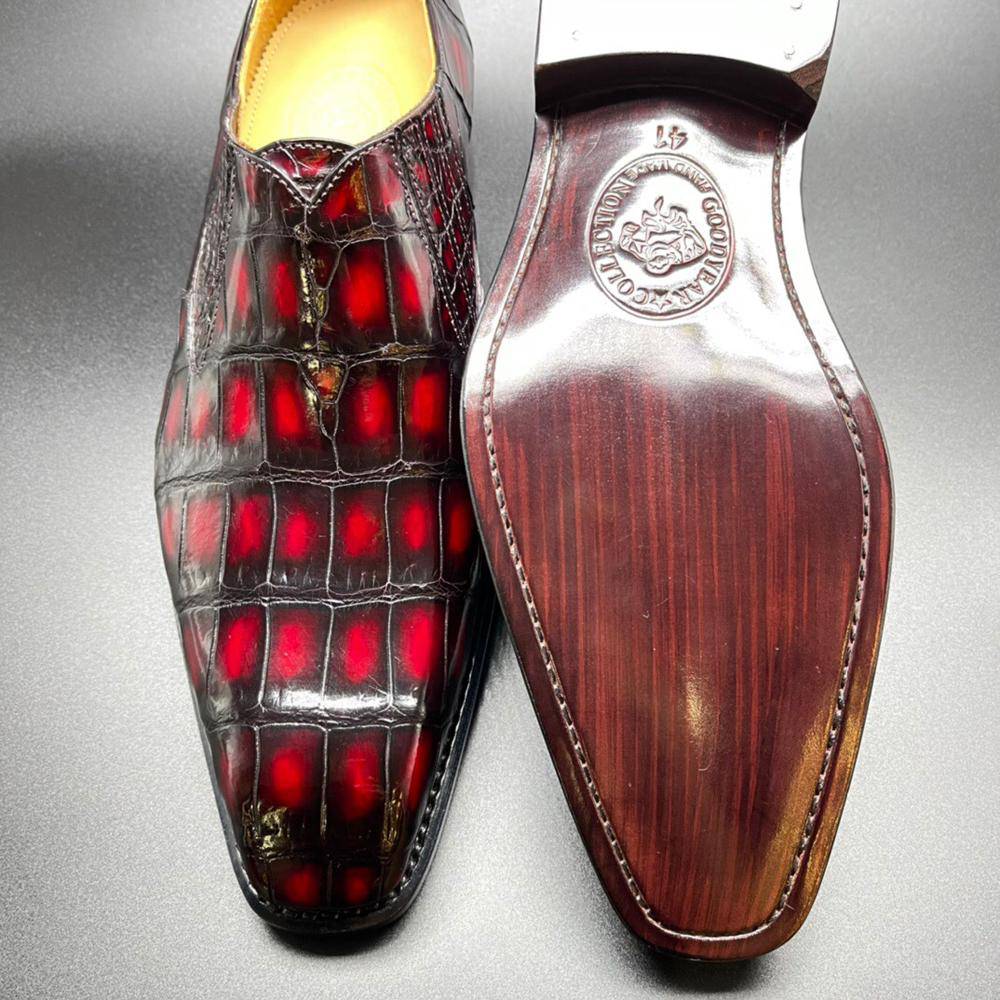 Crocodile Shoes Genuine Crocodile Leather Mens Penny Loafers Dress Shoes Hand Painted Vintage Wine Red