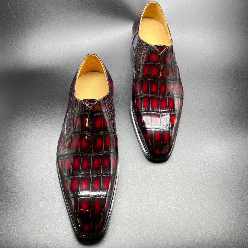 Crocodile Shoes Genuine Crocodile Leather Mens Penny Loafers Dress Shoes Hand Painted Vintage Wine Red