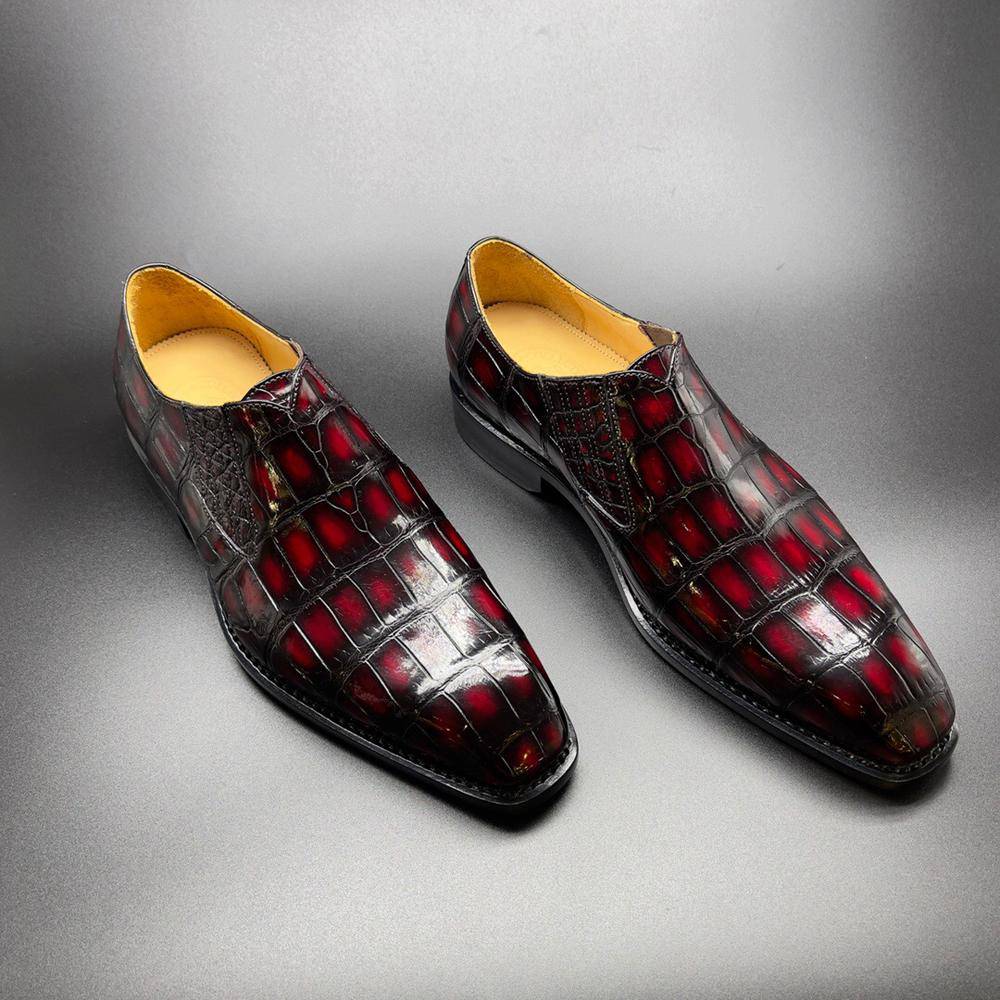 Crocodile Shoes Genuine Crocodile Leather Mens Penny Loafers Dress Shoes Hand Painted Vintage Wine Red