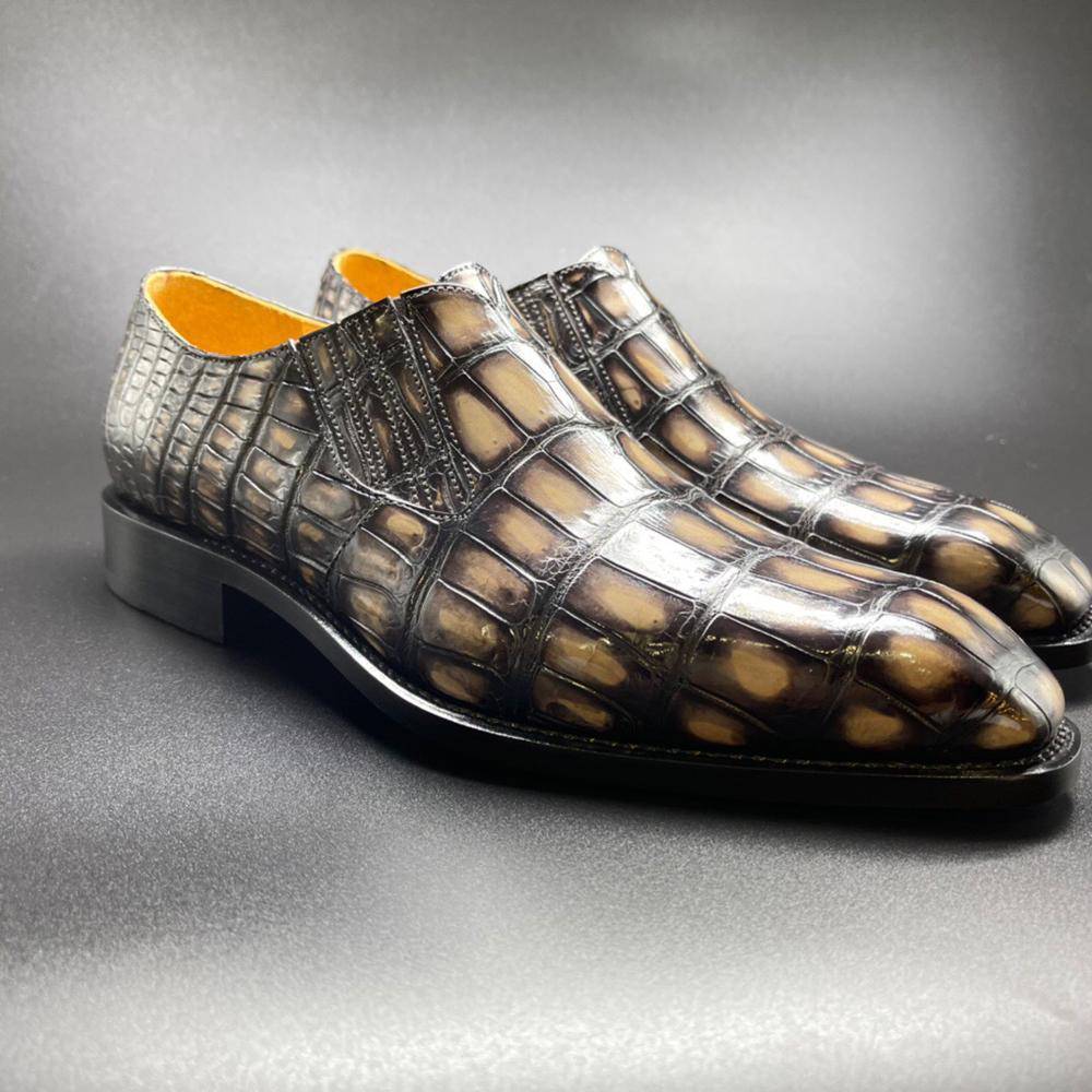 Crocodile Shoes Genuine Crocodile Leather Mens Penny Loafers Dress Shoes Hand Painted Vintage Yellow