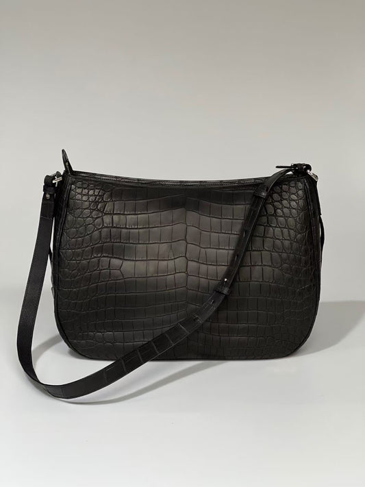 Genuine Crocodile Leather Saddle  Cross Body Handle Bag Black