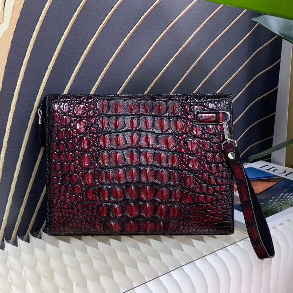 Genuine Crocodile Skin Bone Leather Wrist Handle Clutch Wallet  Bag Vintage Red