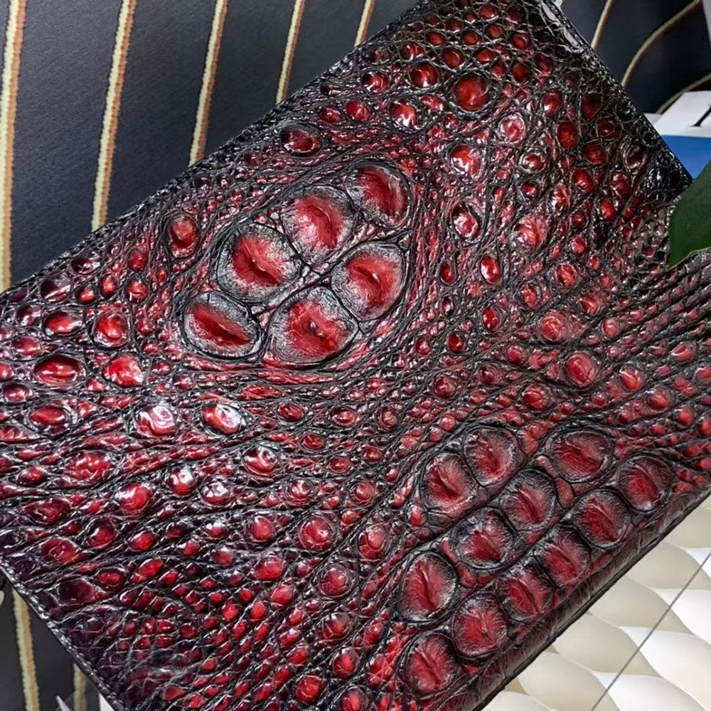 Genuine Crocodile Skin Bone Leather Wrist Handle Clutch Wallet  Bag Vintage Red