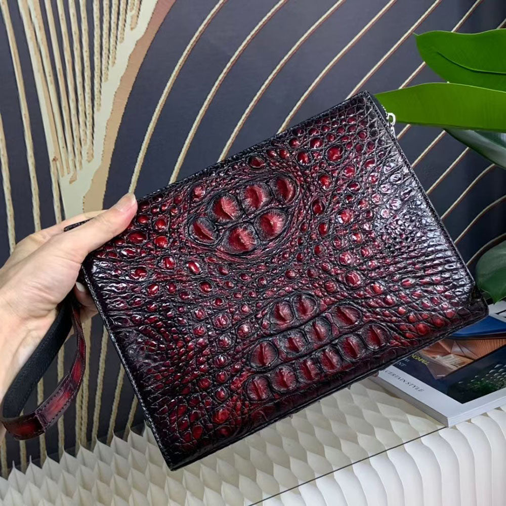 Genuine Crocodile Skin Bone Leather Wrist Handle Clutch Wallet  Bag Vintage Red