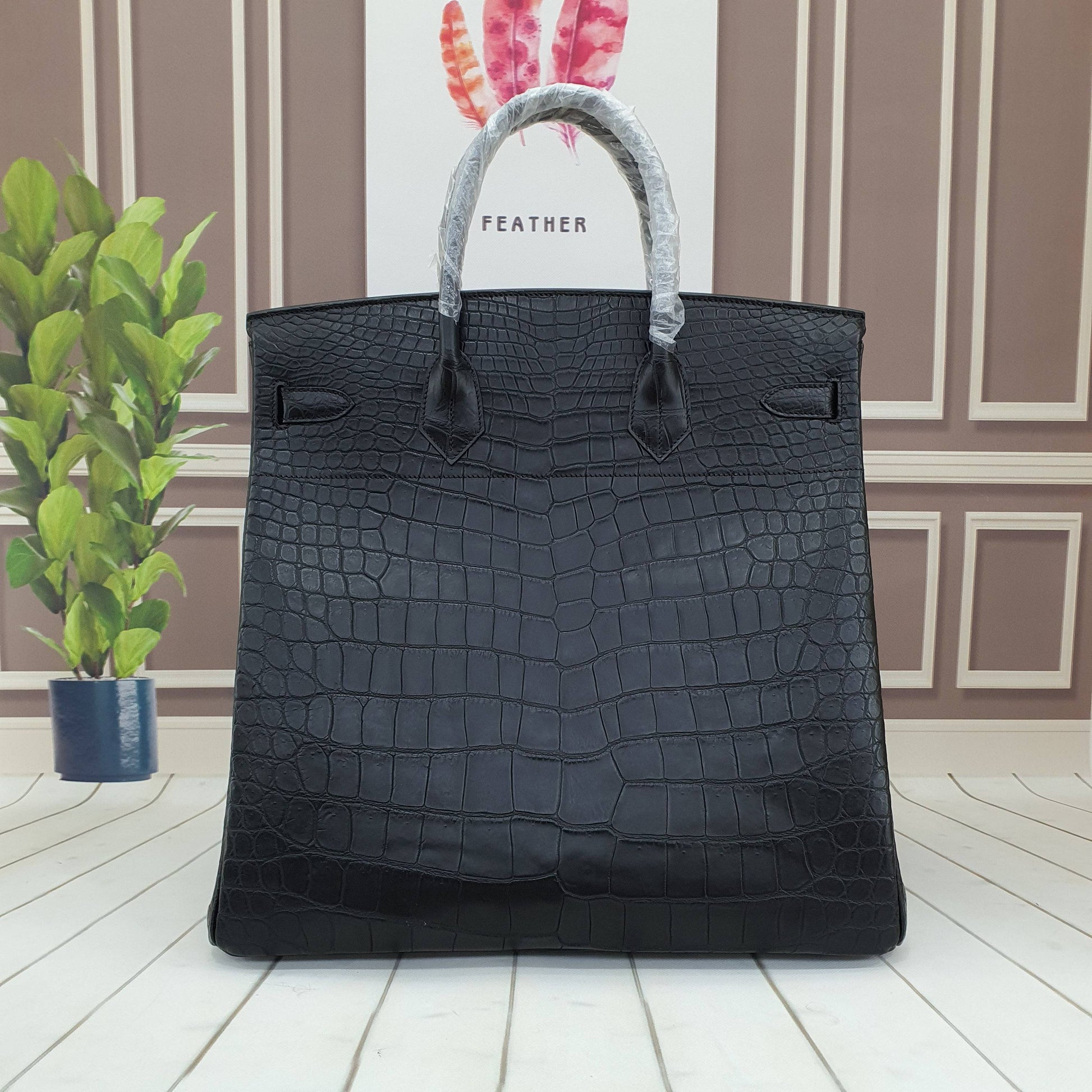 Genuine Crocodile Skin Leather Oversized Padlock Business Handbags Black