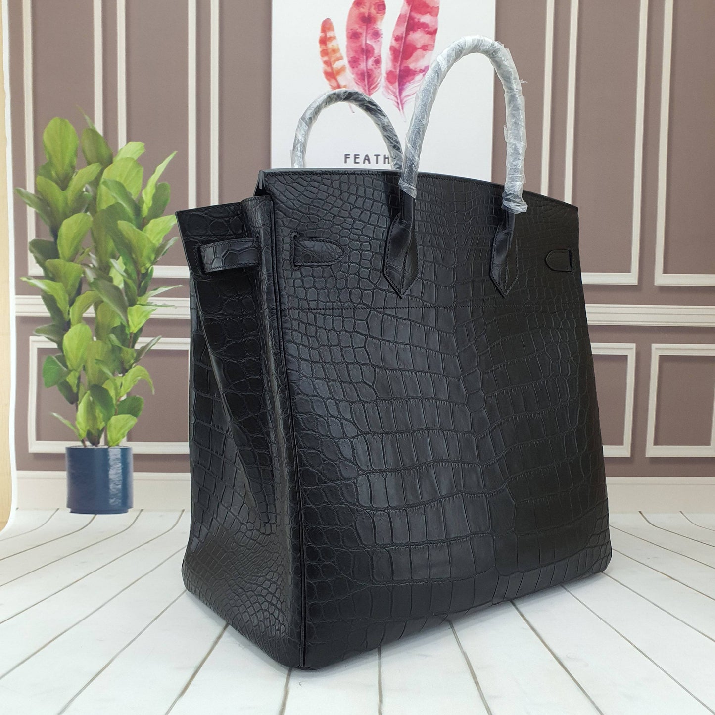 Genuine Crocodile Skin Leather Oversized Padlock Business Handbags Black