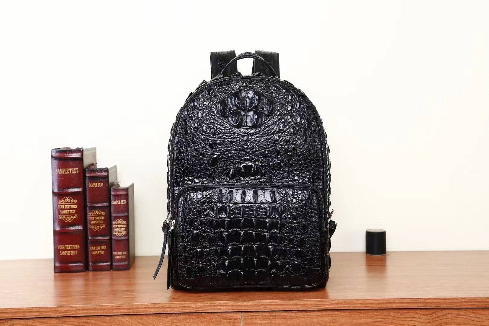 Genuine Crocodile Skin Bone  Leather Backpack Black