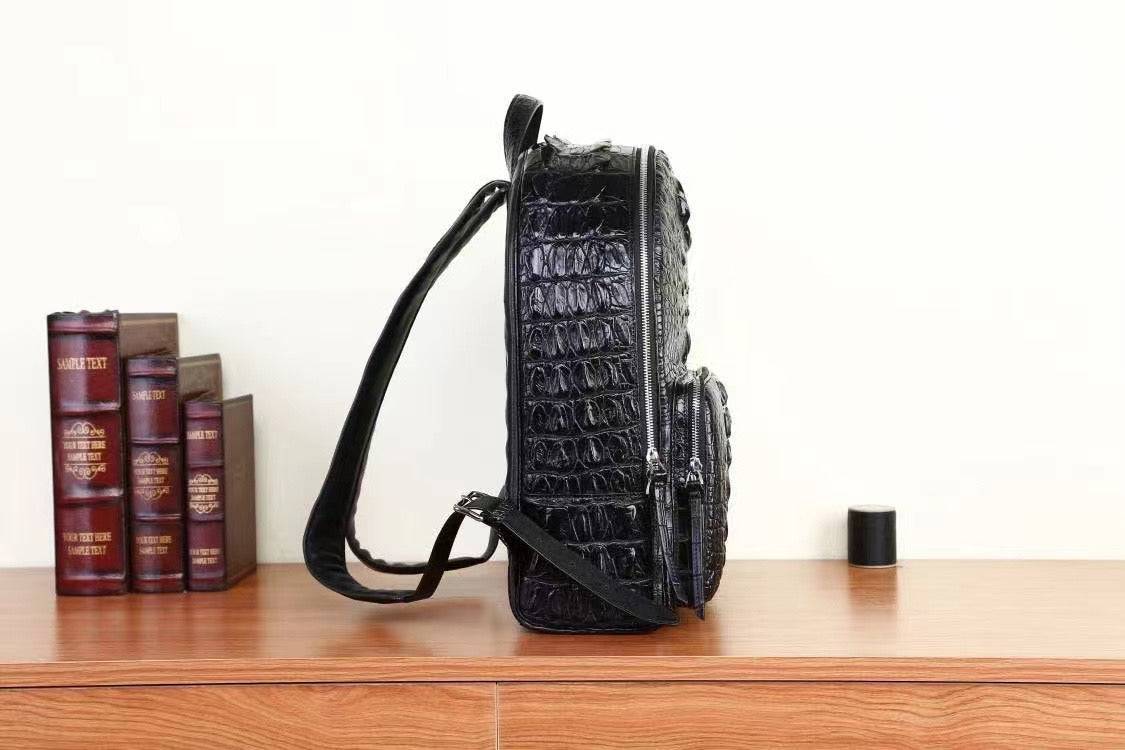 Genuine Crocodile Skin Bone  Leather Backpack Black