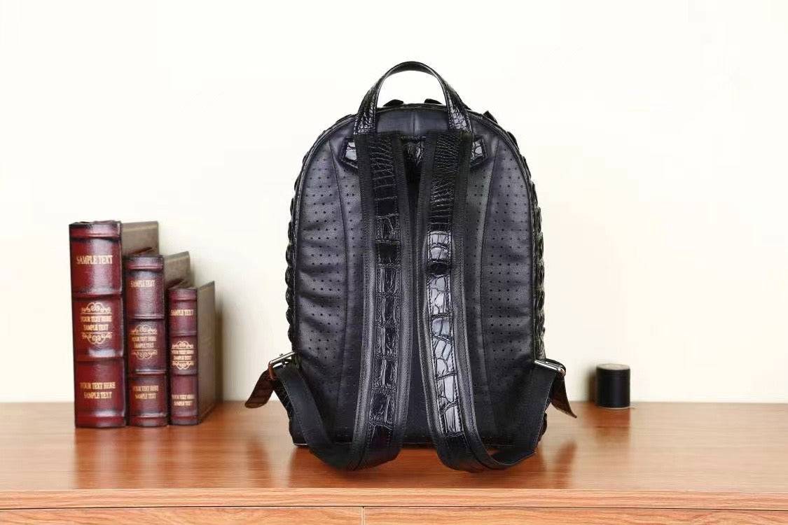 Genuine Crocodile Skin Bone  Leather Backpack Black