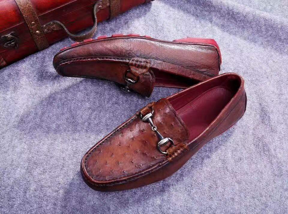 Crocodile Shoes Genuine Ostrich Leather  Men's  Moc Toe Bit Loafer Retro Brown