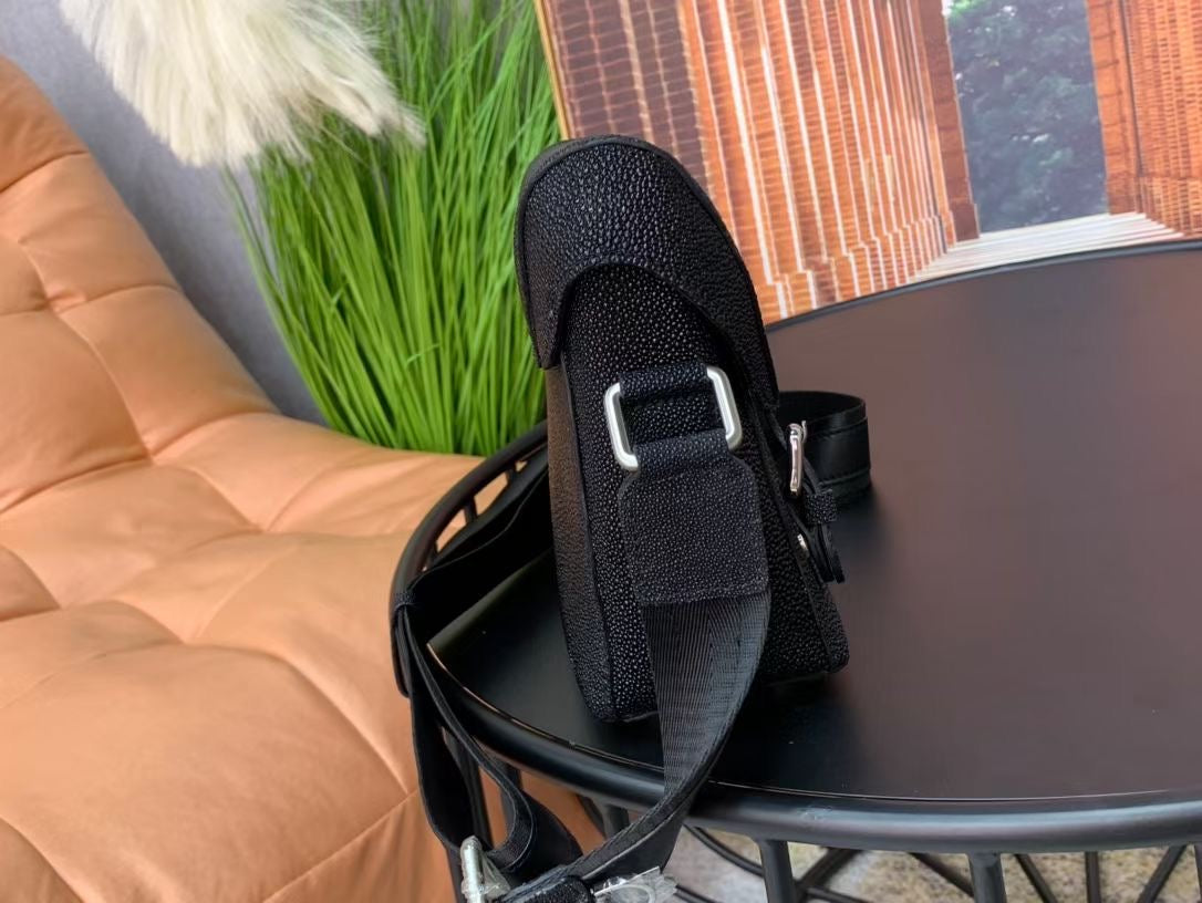 Genuine Pearl Stingray Leather Cross Body Shoulder Bag Black