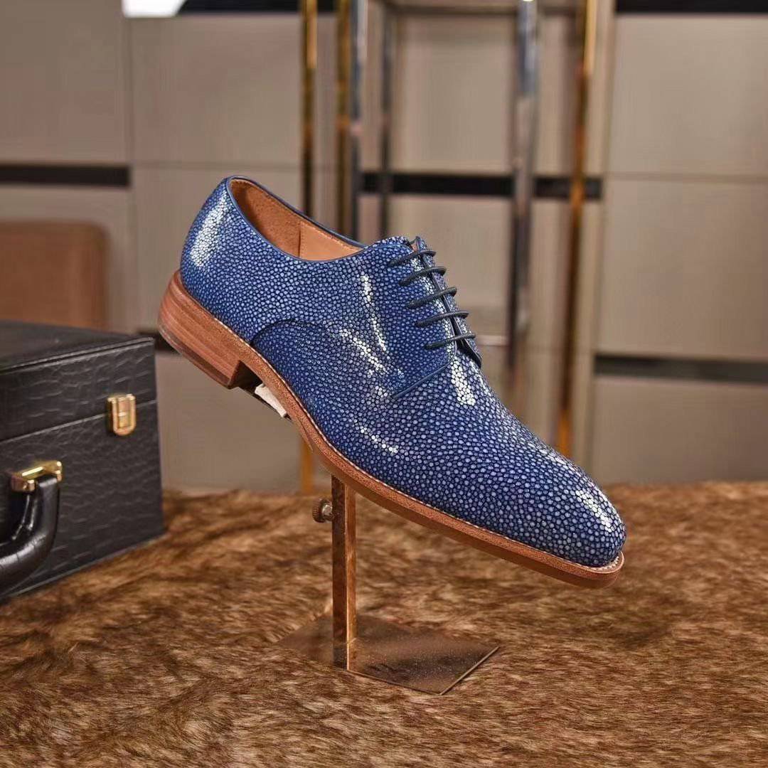 Genuine Pearl Stingray Leather Mens Wingtip Formal Lace up Wedding Office Shoes Blue