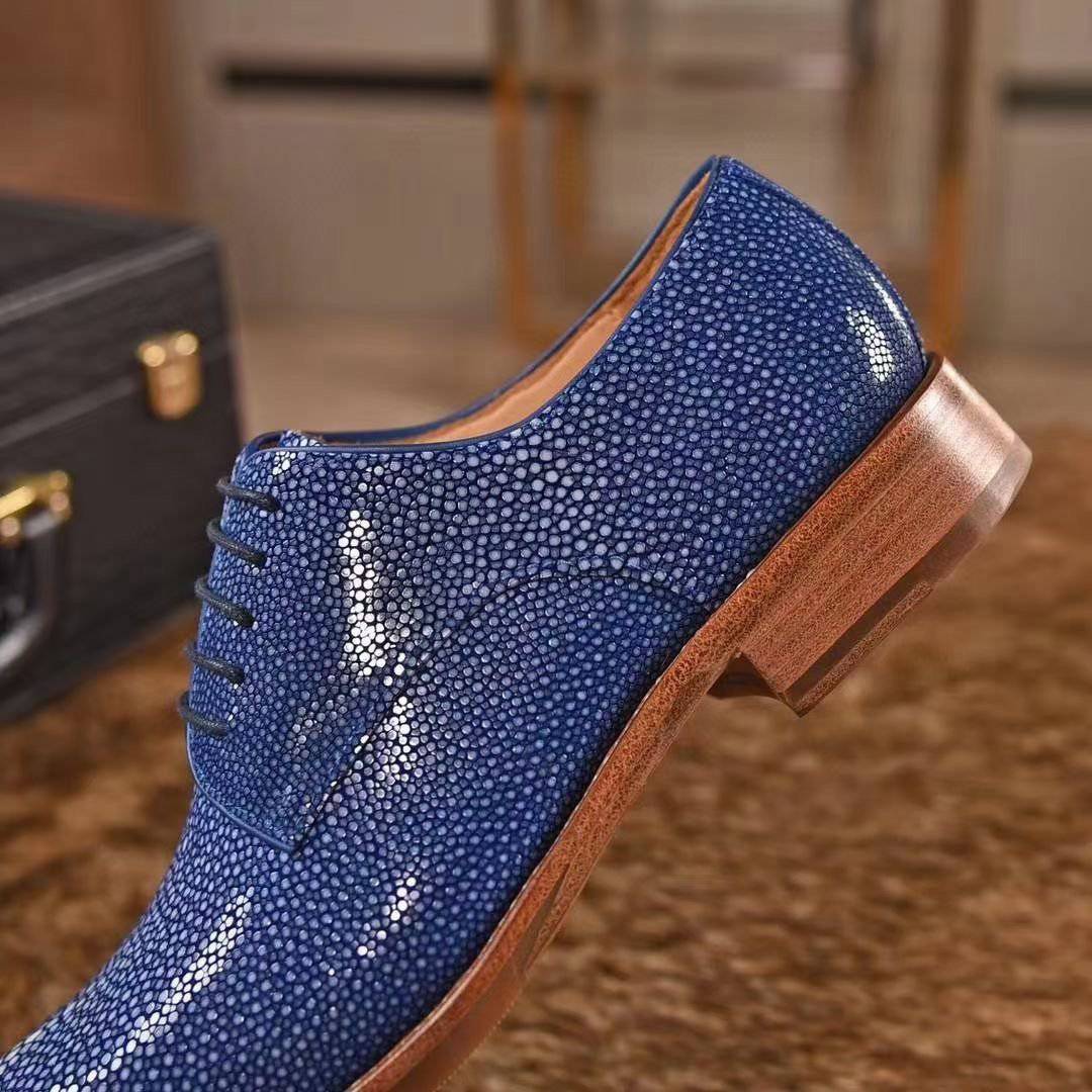 Genuine Pearl Stingray Leather Mens Wingtip Formal Lace up Wedding Office Shoes Blue