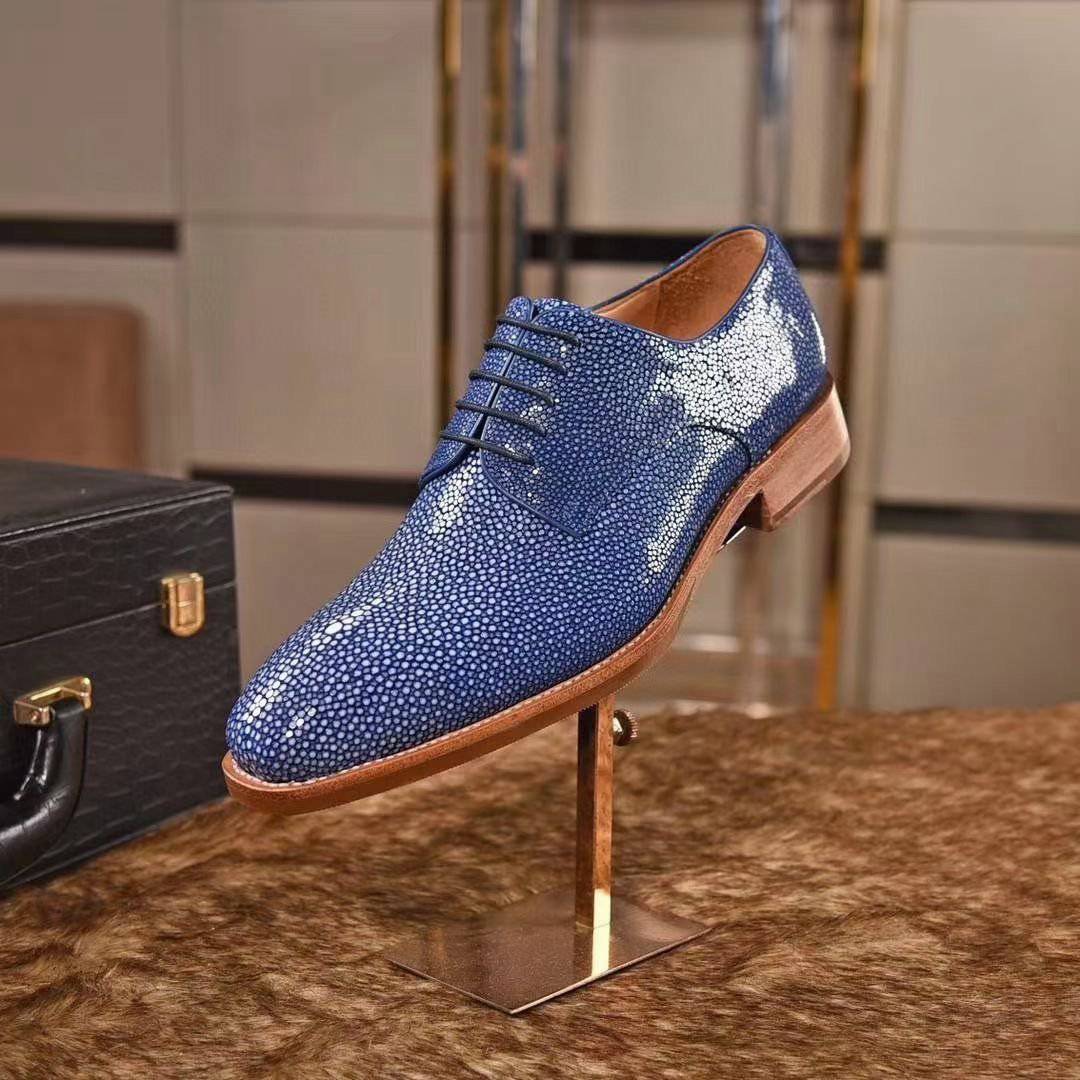 Genuine Pearl Stingray Leather Mens Wingtip Formal Lace up Wedding Office Shoes Blue