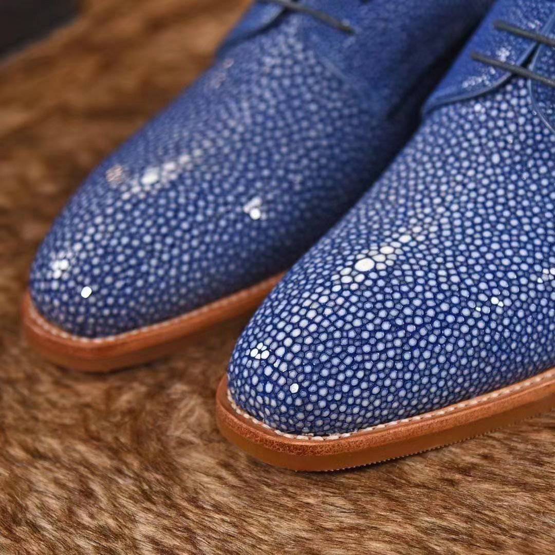 Genuine Pearl Stingray Leather Mens Wingtip Formal Lace up Wedding Office Shoes Blue