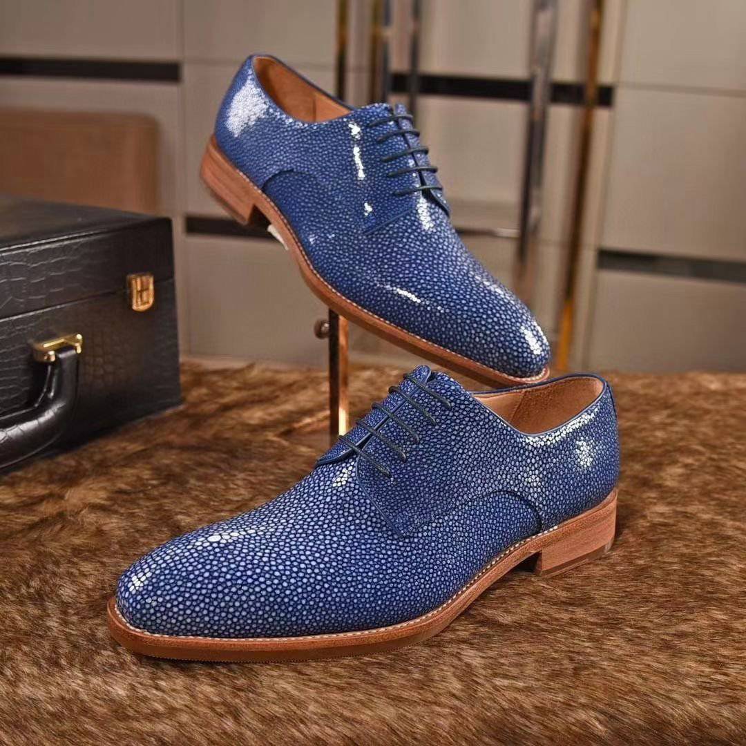 Genuine Pearl Stingray Leather Mens Wingtip Formal Lace up Wedding Office Shoes Blue