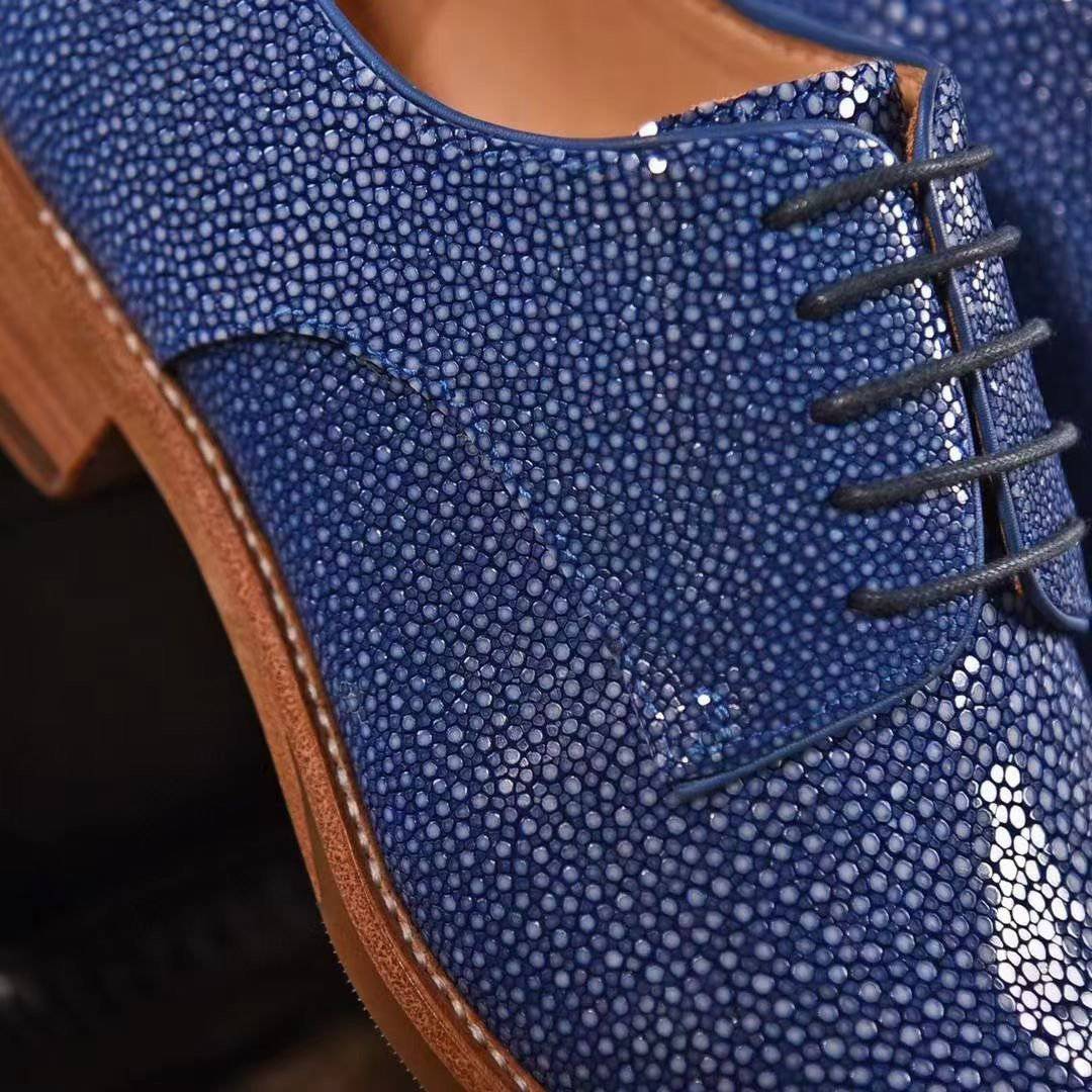 Genuine Pearl Stingray Leather Mens Wingtip Formal Lace up Wedding Office Shoes Blue