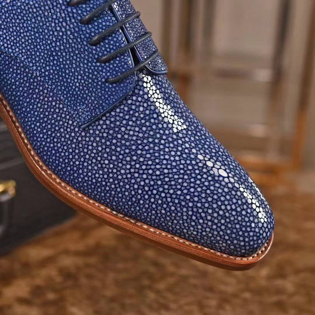 Genuine Pearl Stingray Leather Mens Wingtip Formal Lace up Wedding Office Shoes Blue