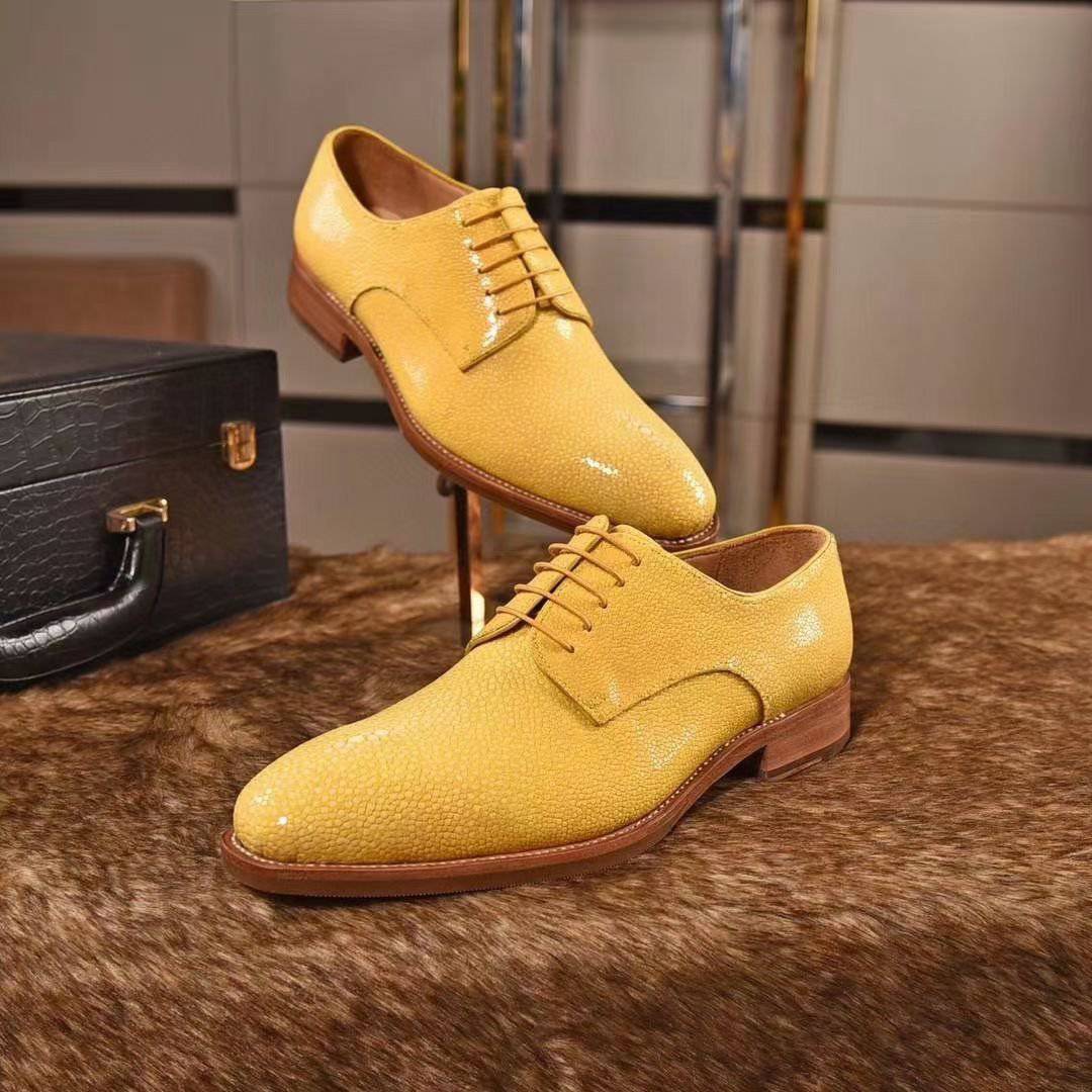 GenuinePearl Stingray Leather Mens Wingtip Formal Lace up Wedding Office Shoes Yellow