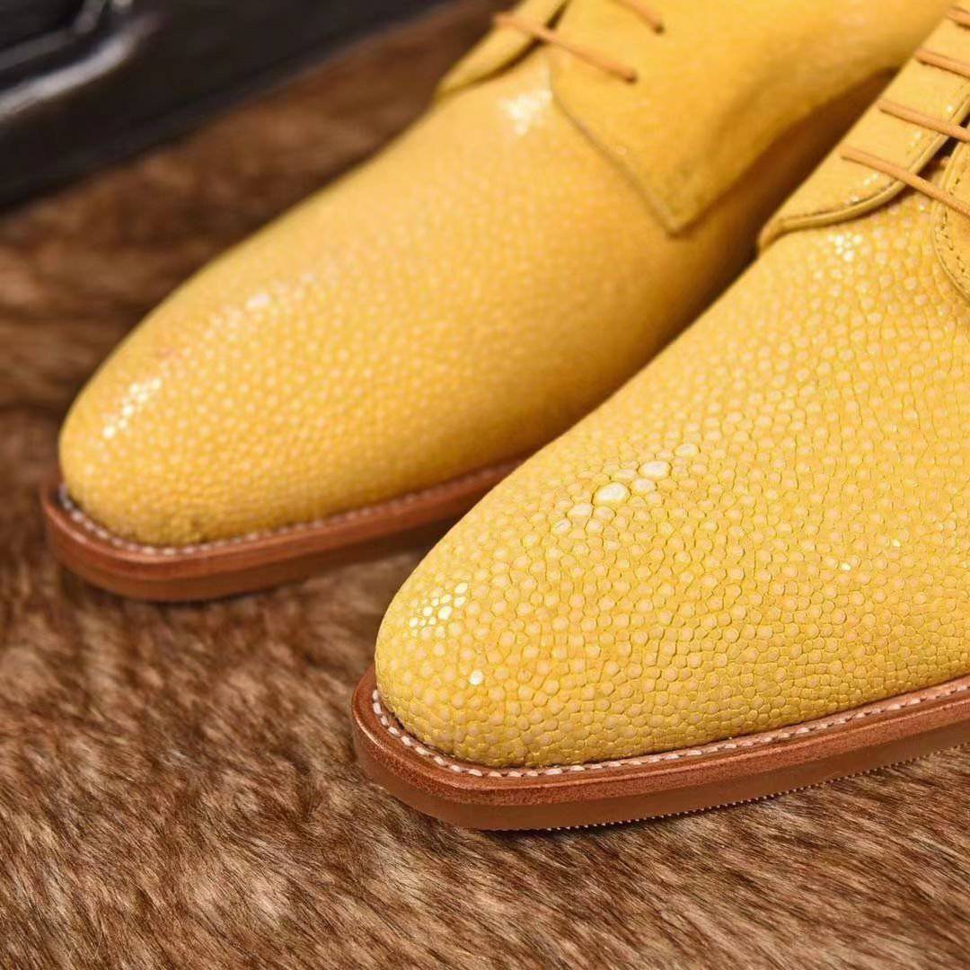 GenuinePearl Stingray Leather Mens Wingtip Formal Lace up Wedding Office Shoes Yellow