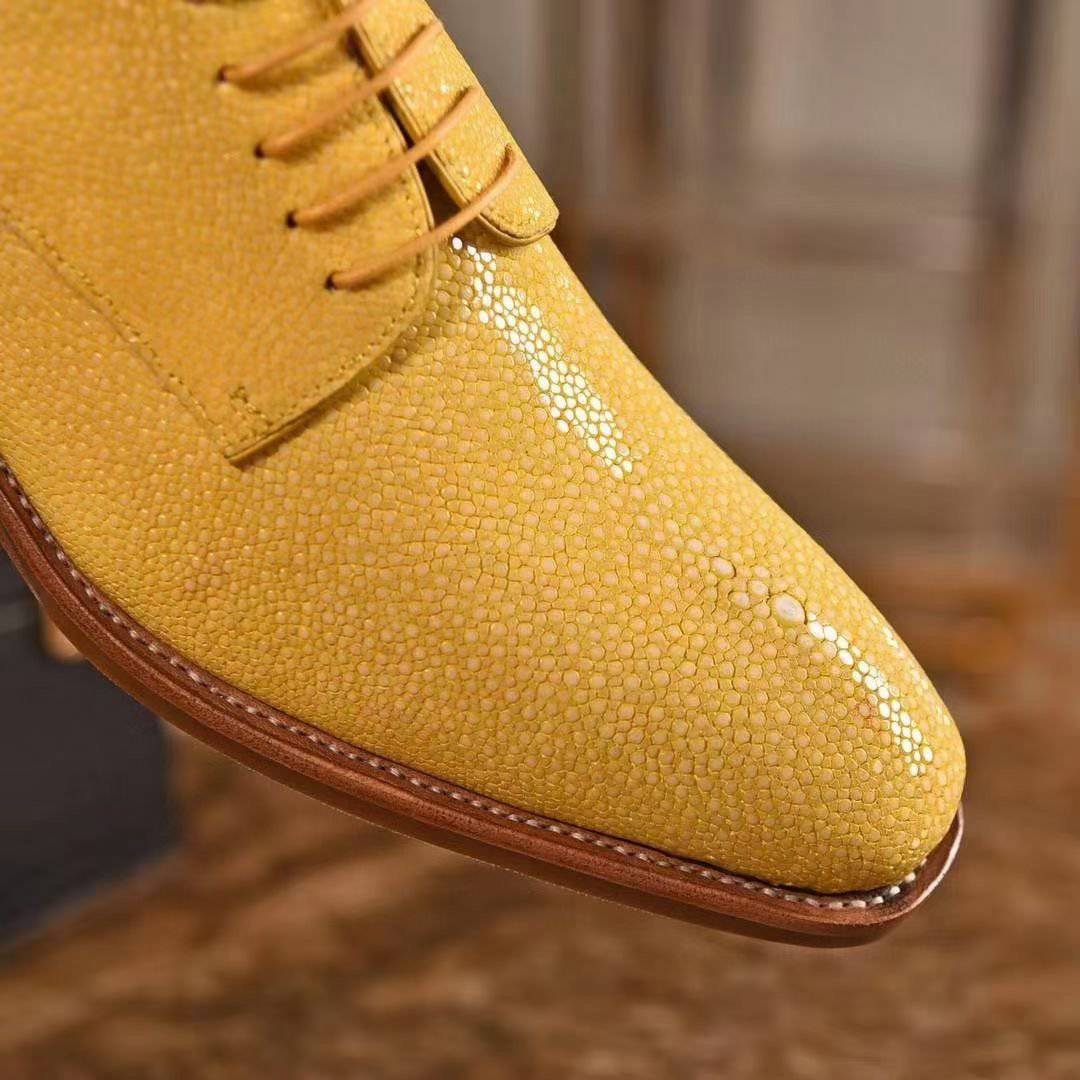 GenuinePearl Stingray Leather Mens Wingtip Formal Lace up Wedding Office Shoes Yellow