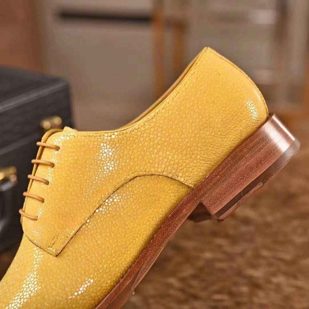 GenuinePearl Stingray Leather Mens Wingtip Formal Lace up Wedding Office Shoes Yellow